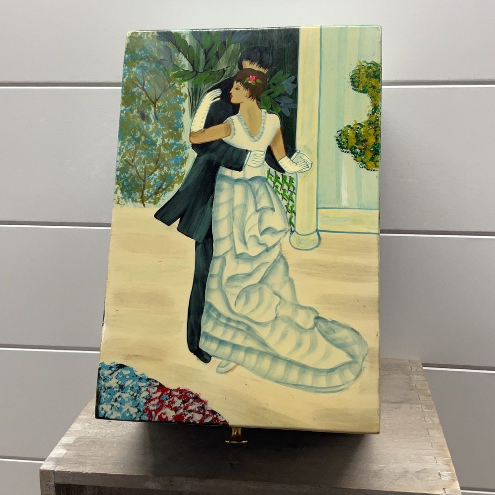 Hand Painted Impressionist Garden Dance Wooden Jewelry Box Black Velvet Lined